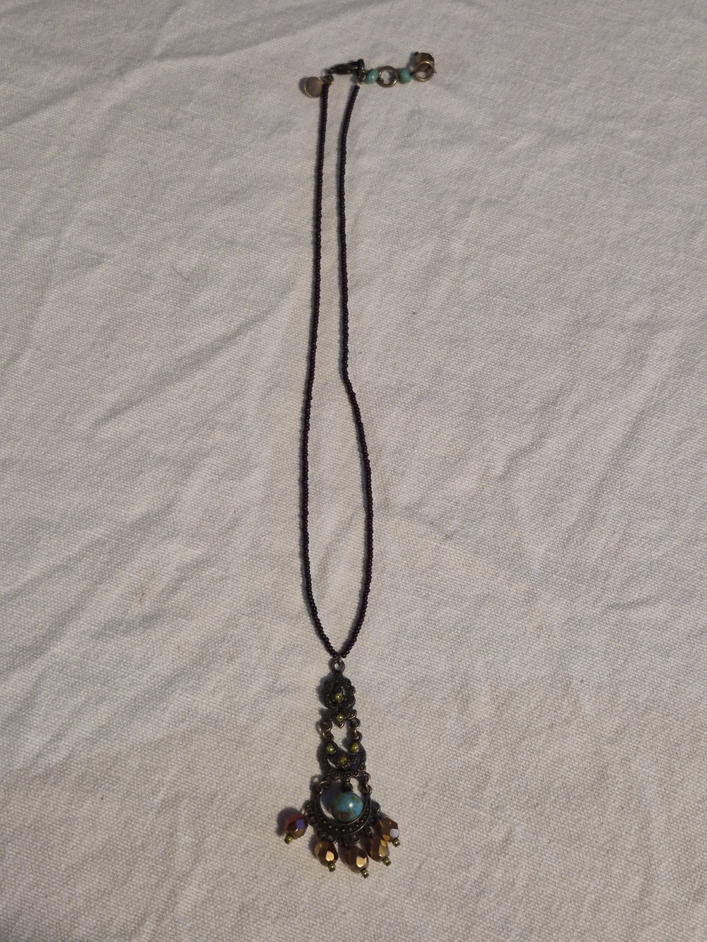 David Aubrey Vintage Inspired Beaded Bronze Filigree Drop Necklace
